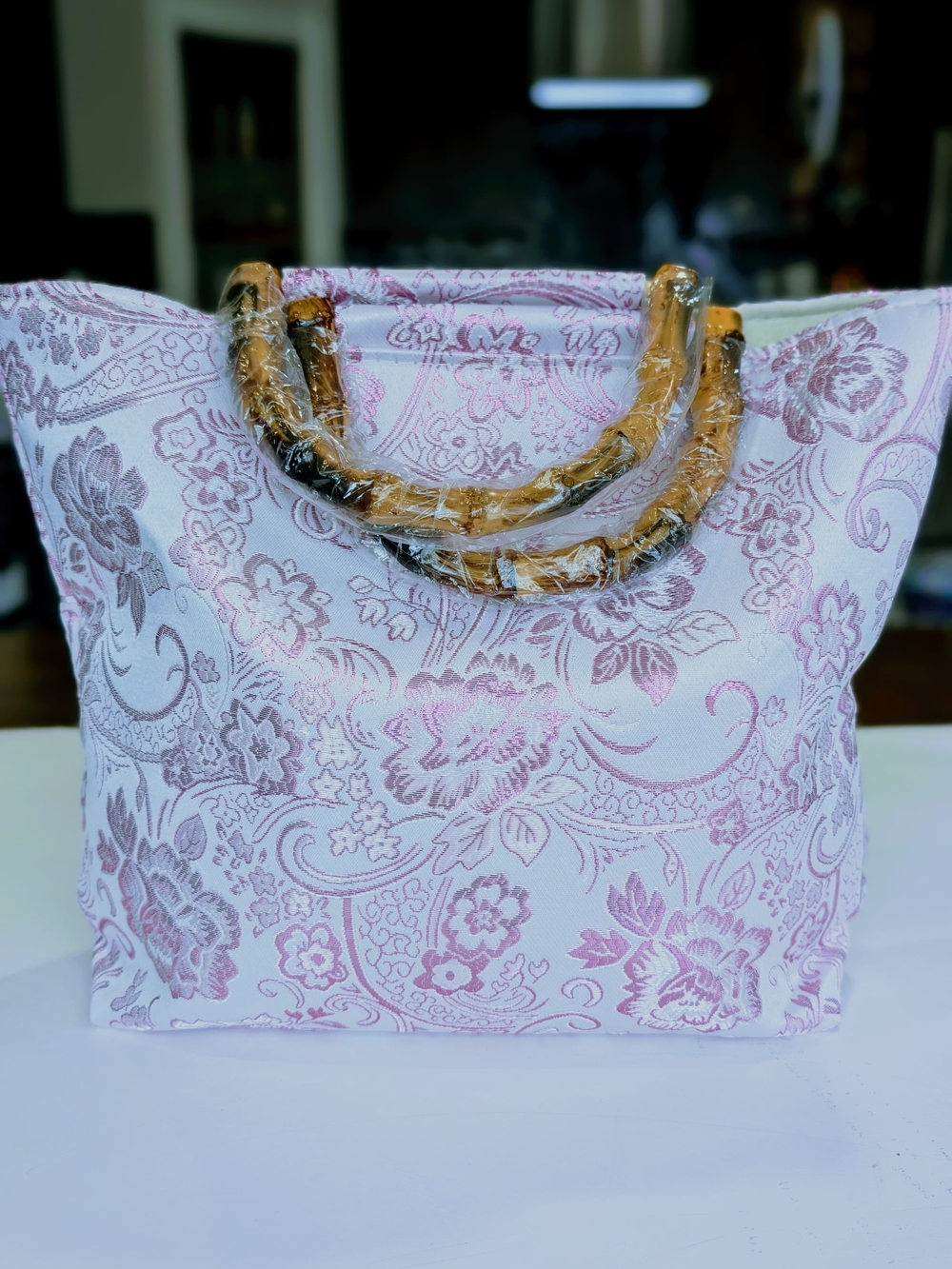 Luxury Floral Embroidered Tote Bag Genuine Bamboo Handle Brocade Boho Chic NWT - Picture 11 of 12